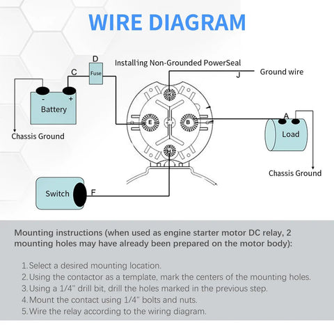 Wire diagram showing connections for High Output 12V Solenoid Relay Switch Four Terminal DC Contactor With Trombetta Power Seal.