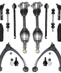 4WD 14 Piece Front End Kit For 2007 2013 Chevy Silverado 1500 Complete Suspension Replacement With Control Arms Ball Joints Tie Rods Sway Bar Links 6 Lug 4x4 Ready To Roll. Front suspension parts laid out on white background