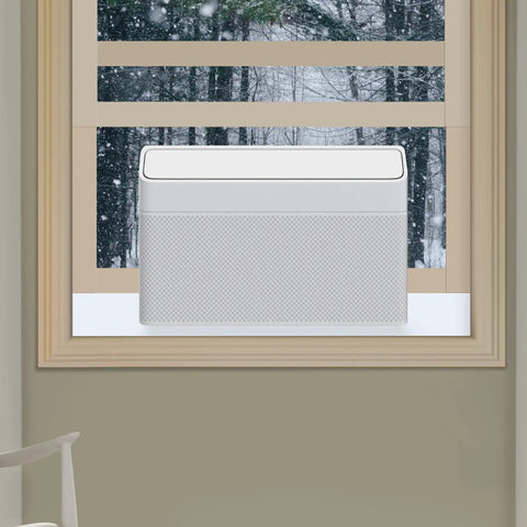 2 Pack U Shape Window AC Foam Block With Weather Seal Tape Curtain Side Draft Stopper in window with snowy backdrop