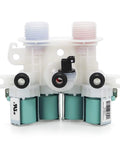 Washer water inlet valve assembly with dual solenoids; white plastic body, blue and red inlet ports for Maytag/Whirlpool washers