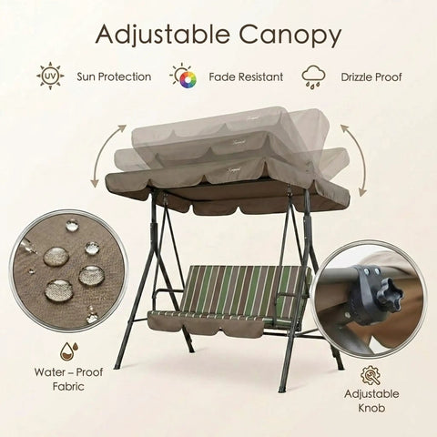 Three Seat Outdoor Patio Swing With Adjustable Canopy Heavy Duty Steel Frame Weather Resistant Build Removable Cushions