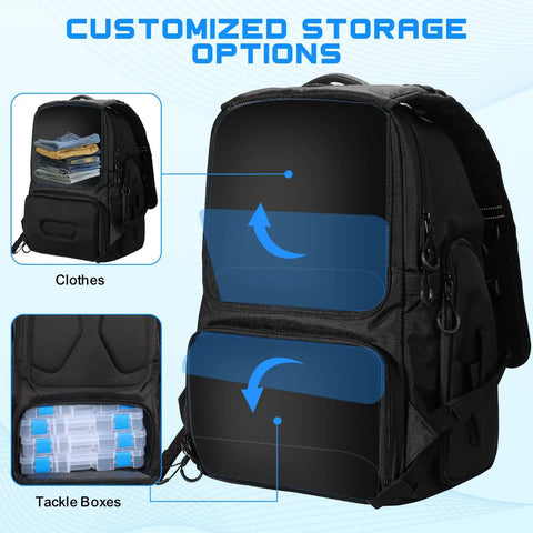 50L Fishing Tackle Backpack with removable lure wraps shown with clear view tackle boxes and storage for clothes and gear