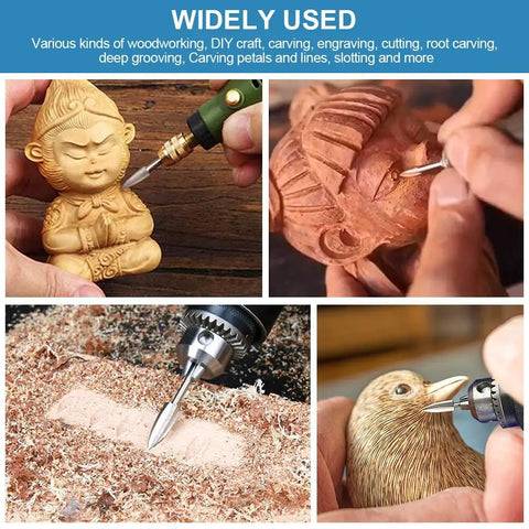 Savage Sharpness Hss Wood Carving Tool Kit For Rotary Tool With Five Precision Drill Bits Universal One Eighth Shank used for detailed wood carving and engraving.