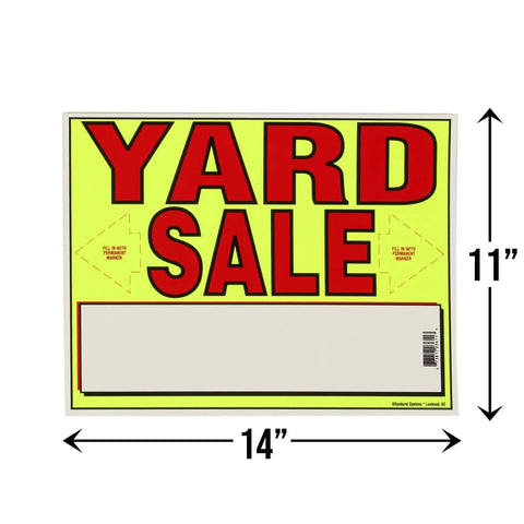 Neon Yellow Yard Sale Sign Kit With Three 11 By 14 Signs Grab Attention Fifteen Large Self Adhesive Pricing Labels Six Hundred Pre Priced Stickers And Arrows For Easy Customer Directions featuring bold red 'Yard Sale' text on a neon background.
