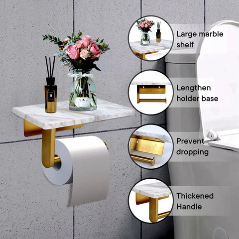 Dope Mega Roll Toilet Paper Holder With Natural Marble Shelf, Brushed Gold, shown with vase and diffuser, wall mounted.