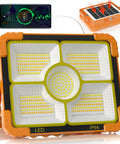 Heavy Duty Solar LED Work Light with 10000 Lumen Brightness, 466 LED Beads, orange ABS housing, USB charging, showing IP66 rating.