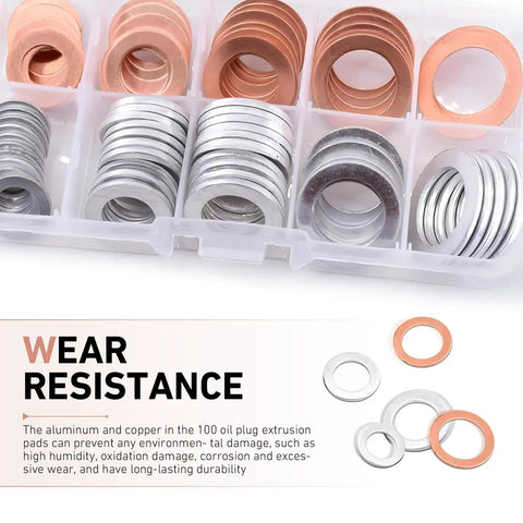 100 Pack Oil Drain Plug Crush Washers Kit With Copper And Aluminum Mix, visible copper and aluminum washers in a clear case