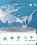 10 Pack Kid Safe Lab Goggles Set With Lightweight Clear Lenses Protective Eye Glasses For Small Faces displayed on stand
