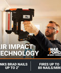 Person using 20V 18GA Cordless Brad Nailer Nail Gun For Trim Molding And Baseboards Up To 2 Inches Tool Free Jam Release Battery Powered