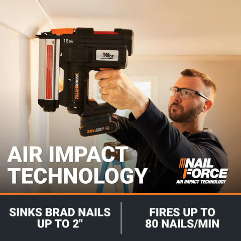 Person using 20V 18GA Cordless Brad Nailer Nail Gun For Trim Molding And Baseboards Up To 2 Inches Tool Free Jam Release Battery Powered