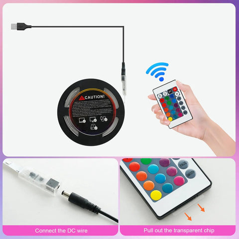 Ultimate USB Powered RGB 5050 LED TV Backlight Strip Kit with IR Remote and Dimmer, setup details for 46 to 65 inch TVs.