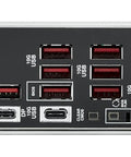 Back panel of ROG Strix X870E E Gaming WiFi AMD AM5 X870 ATX Motherboard with HDMI, USB4, USB3 ports, and audio jacks.