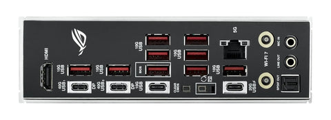 Back panel of ROG Strix X870E E Gaming WiFi AMD AM5 X870 ATX Motherboard with HDMI, USB4, USB3 ports, and audio jacks.