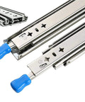 Built Dang Tough Heavy Duty Drawer Slides With Lock, Full Extension Telescopic Cabinet Runners, showing steel rails with blue handles.