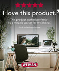 Modern desk setup with Weiman logo and a testimonial about electronic disinfecting wipes for laptops and all screen surfaces.