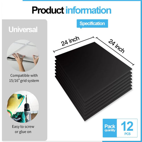 12 Pack Smooth Drop Ceiling Tiles 2x2 Feet Fire Rated Waterproof Reusable Premium PVC No Sag Or Breakage Covers 48 Square Feet Black