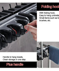 Close-up of Mop And Broom Holder Heavy Duty Stainless Steel Tool Rack With Movable Organizer Storage showing hooks and towel handle.