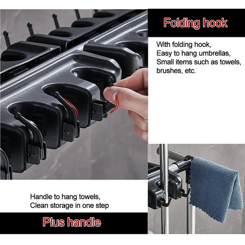 Close-up of Mop And Broom Holder Heavy Duty Stainless Steel Tool Rack With Movable Organizer Storage showing hooks and towel handle.