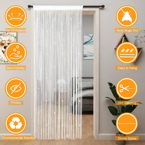Beaded Curtain For Doorways With Crystal Beads 39 By 79 Inches White Room Divider Curtain For Bedroom Closet Doorway Decor Boho Style Home Interior Lightweight Easy Hang Great For Boho Chic Home Decor Room Dividers And Closet Doors installed on doorway with feature icons