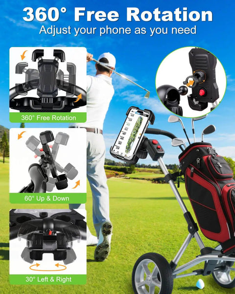 Kick Back And Play With This Hella Secure Golf Push Cart Phone Holder Mount showing 360 degree phone rotation on a push cart.