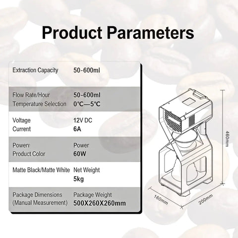 Next Level Electric Ice Drip Coffee Maker And Digital Cold Brew Machine specifications table with extraction capacity and flow rate.