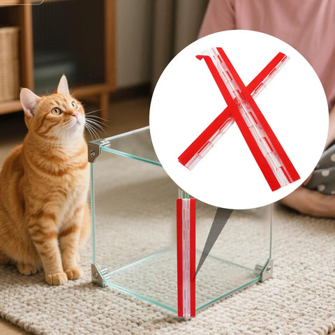 Rock Solid Clear Acrylic Piano Hinges 4 Pack Heavy Duty Continuous Door Strips on glass cabinet with cat looking.