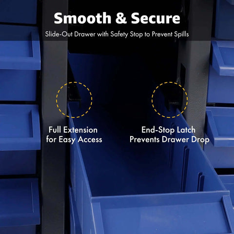 Close-up of Heavy Duty 100 Drawer Parts Storage Cabinet With Alloy Steel Frame And Thick ABS Drawers For Nuts And Bolts Anti Slip Stops Garage Organizer showing drawer extensions and end-stop latch.