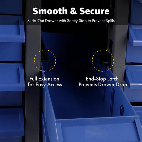 Heavy-Duty 100-Drawer Parts Storage Cabinet For Nuts And Bolts with open ABS drawer showing anti-slip stops