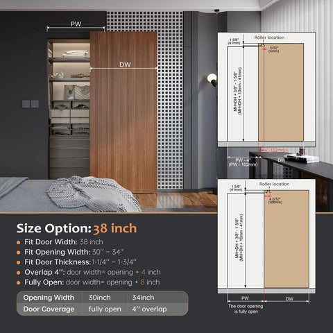 38 Inch Concealed Sliding Barn Door Hardware With Soft Close System Aluminum Track Invisible Floor Track Fits Minimum Opening Width 28 Inches Wall Mount Kit Door Not Included in interior setting