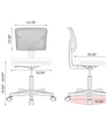 Dimensions of ergonomic low back mesh desk chair with rolling wheels armless swivel office seat for home study or dorm.