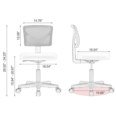 Dimensions of ergonomic low back mesh desk chair with rolling wheels armless swivel office seat for home study or dorm.