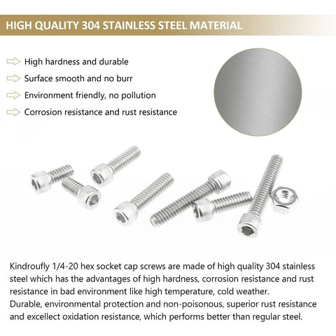58 Piece Stainless Steel Hex Socket Head Cap Screws And Nuts Set 1/4-20 Thread Includes 1/2, 3/4, 1, 1-1/4, 1-1/2 Inch Lengths