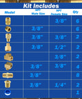 Brass Plumbing Fittings Kit 33 Piece Assorted 3/8 NPT Set product details table with sizes and quantities shown.