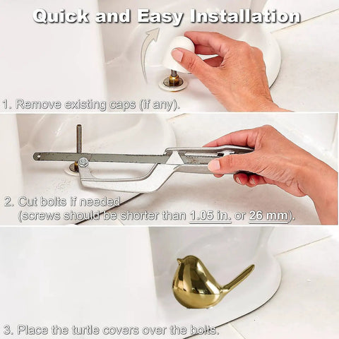 Gold Ceramic Bird Toilet Bolt Covers Set Of 2 Decorative Toilet Bolt Caps for Bottom of Toilet Easy Install shown being installed