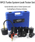 Wzyblixo 9-piece turbo system leak tester kit, front view, blue carrying case and black adapters.