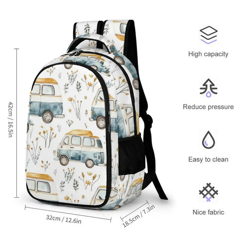 Travel Laptop Backpack For Weekend Road Trips And Daily Commute Road Trip Ready Durable Polyester Computer Bag With Large Capacity Lightweight And Tear Resistant Washable Fits Most 15 To 16 Inch Laptops Everyday Carry Gear showing camper van print and dimensions