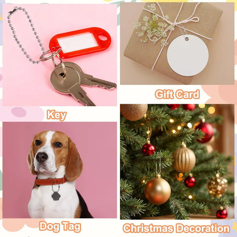 Gold Tone Ball Bead Chain Bulk 3.9 Inch Links For Jewelry Making And Keychains, 120 Pcs Metal Dog Tag Beaded Extension Chains, Durable And Shiny Gold Finish For Your DIY Necklaces And Hanging Decor. Ball bead chain shown with key, gift card, dog tag, and Christmas ornament uses