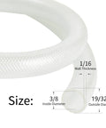 Close-up of clear braided PVC hose showing 3/8 in ID and 19/32 in OD