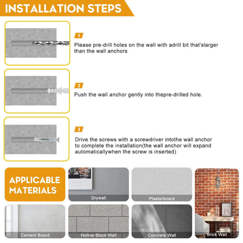 Installation steps for Pro Grade Wood Screws Set 240 PC Assortment Kit including drilling, inserting anchors, and screw installation