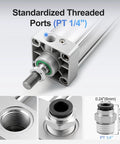 Close-up of Beefy Industrial Pneumatic Air Cylinder With 1.57 Inch Bore And 7.87 Inch Stroke Double Acting Single Rod, showing threaded ports.