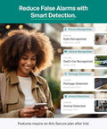 Woman viewing smartphone with smart detection alerts, Wireless Outdoor Security Cameras 2K Battery Powered 3rd Gen Two Pack with Color Night Vision