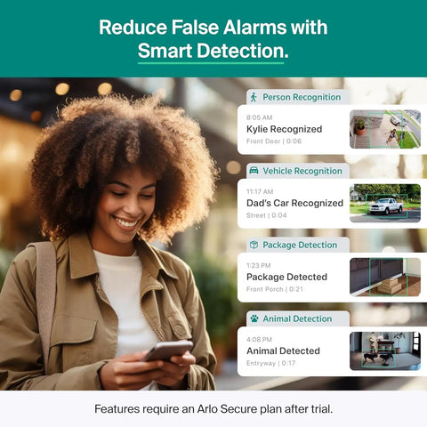 Woman viewing smartphone with smart detection alerts, Wireless Outdoor Security Cameras 2K Battery Powered 3rd Gen Two Pack with Color Night Vision