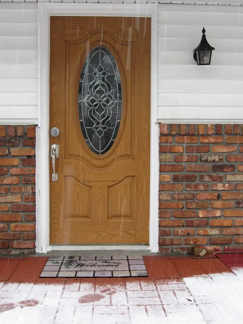 Front door with electronic door knob, wood finish, and decorative glass panel. Electronic Door Knob With Front Keypad, Spring Latch Lock.