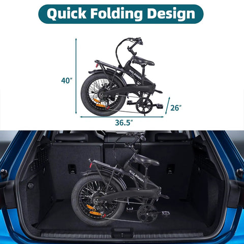 Folding Fat Tire Electric Bike For Adults 20 Inch 3.0 Fat Tires 374.4Wh Battery 20 MPH E Bike compacted in car trunk