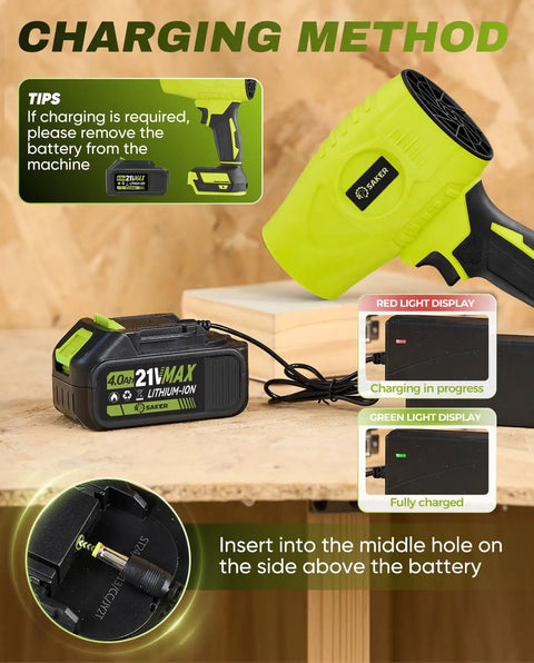 Cordless Leaf Blower Dust Cleaner Portable Handheld With 2x 4.0Ah Batteries showing charging method with green and red indicators