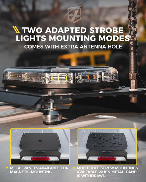 No Drill Light Bar Cab Mount With Magnetic And Bolt Mounting installed on Ford truck roof with strobe light and extra antenna hole