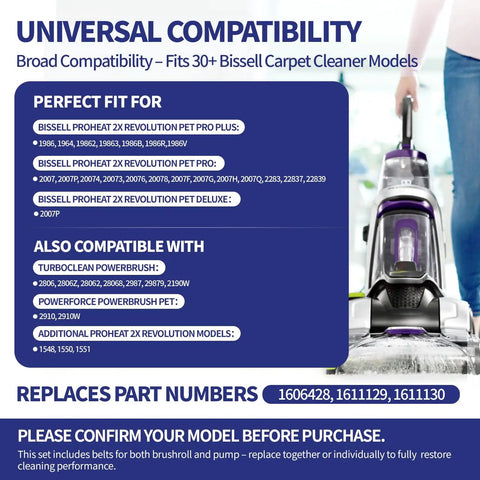 Replacement Belt Set For ProHeat 2X Revolution Pet Pro Carpet Cleaner 4Pack compatibility chart with various models listed