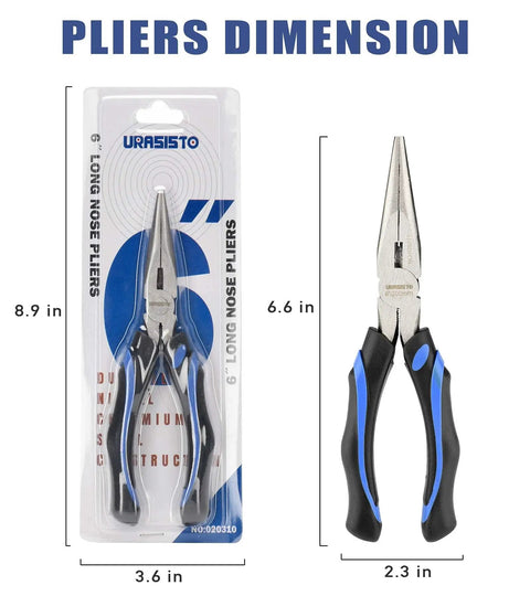 Packaging and dimensions of 6 Inch Long Needle Nose Pliers With Side Cutting For Precision Gripping And Cutting