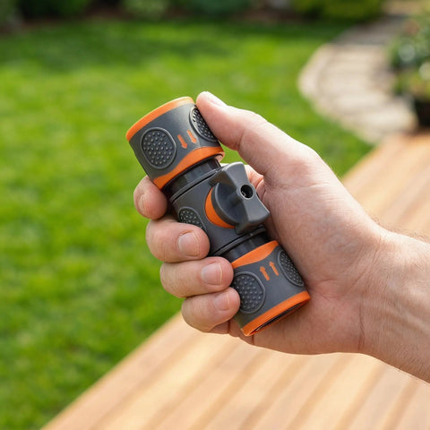 Totally Awesome Toddmomy Garden Hose Quick Connectors For 3/4 Inch Pipe, Effortless Male And Female Fitting No More Threading Hassle While Washing The Car Or Watering Plants In Style Today. gray PVC hose quick connector in hand, 3/4 inch