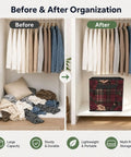 Before and after closet organization with Premium Lightweight Foldable Oxford Fabric Storage Cube Bin in floral design.
